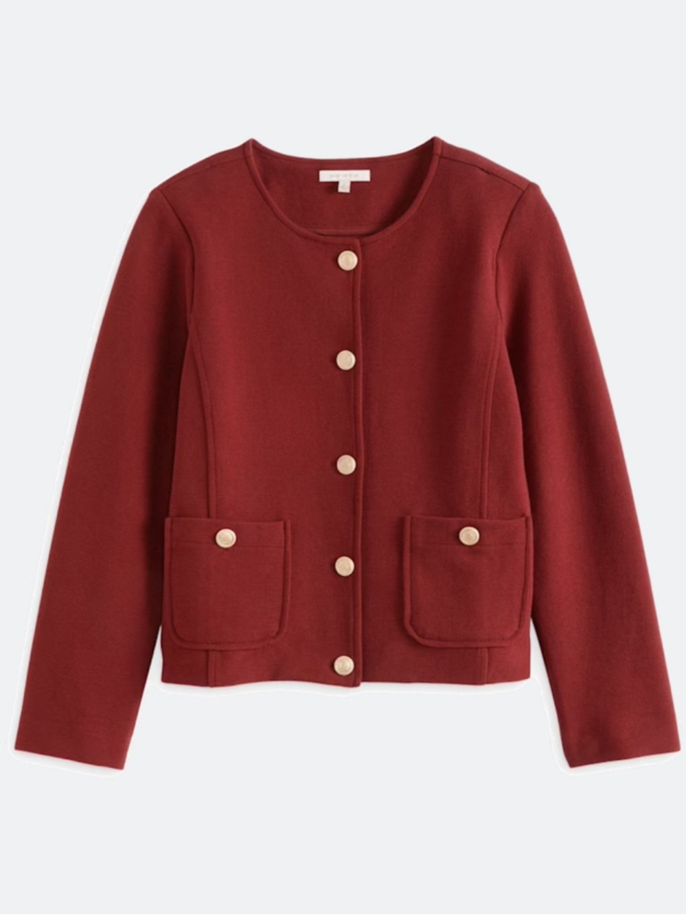 Skies Are Blue Textured Knit Pearl Button Jacket in Burgundy l Brick Red Button